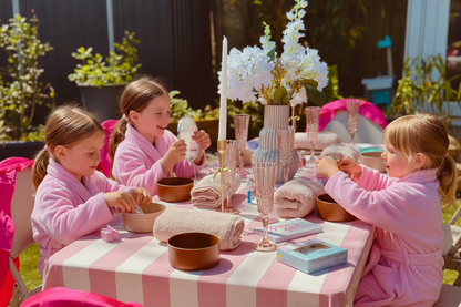Spa party banner with girls in pink robes